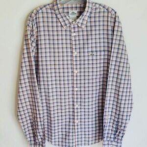 Lacoste Men's Blue Peach Orange and White Plaid Button Down Shirt Size 44 XL